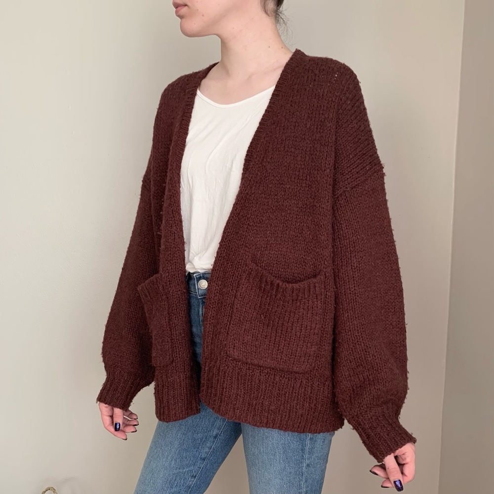 Madewell Balloon Sleeve Cardigan in Deep Plum